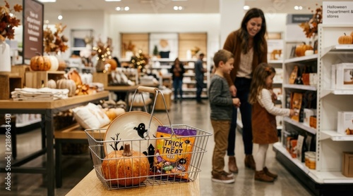 Mother and children choosing Halloween goods in a Store. A basket with pumpkin and candies on foreground