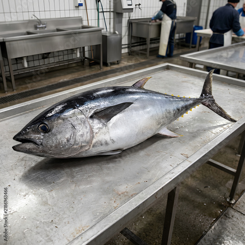Large Tuna Fish on Stainless Steel Table in Fish Market.
