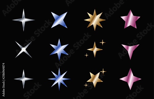 Y2K chrome stars set twelve metallic sparkles on black vector