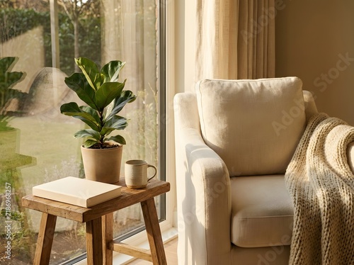 Cozy reading nook with fiddle leaf fig plant and armchair near a window