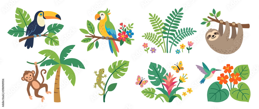 Obraz premium Jungle Animals and Tropical Plants Collection