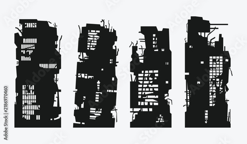 Silhouette of crumbling ruined skyscraper. Destroyed, derelict building. Vector illustration.