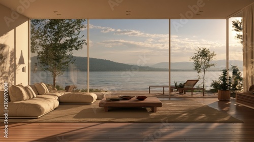 Luxury modern living room interior design featuring massive glass walls with breathtaking sunset view over calm lake, minimal Scandinavian furniture warm wooden floor and peaceful nature panorama
