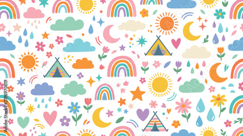 Colorful Rainbow Seamless Pattern with Cute Clouds, Sunshine, Moon, Rain, Flowers, Stars, Hearts, Tents, and Cheerful Weather Elements for Kids