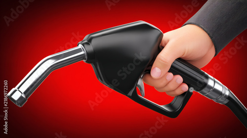 high-quality 3D render of an adult hand firmly gripping a matte black fuel nozzle. The nozzle is positioned horizontally as if ready to refuel a vehicle. The background is a solid vibrant primary 