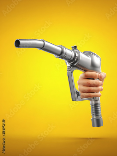 matte finish 3D render of a hand holding a heavy-duty industrial fuel nozzle. The background is a warm solid primary yellow with subtle lighting gradients. The nozzle is rendered with high precision 