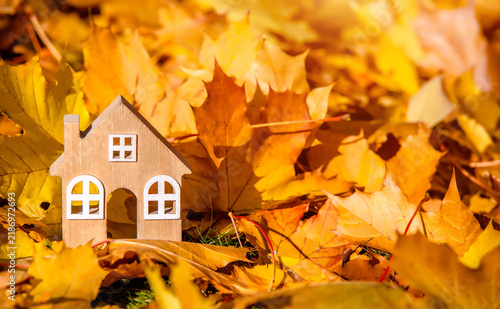 The symbol of the house stands among the fallen autumn leaves
