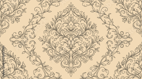 Obraz na plátně Elegant Beige Damask Pattern Background with Intricate Ornamental Repeating Design