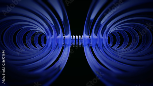 3D Abstract Blue Dual Spiral Tunnel Background with Glowing Glassy Ring Spirals and Black Center Gap for Cyber Tech Presentation, Web Banner, Cover, and Wallpaper