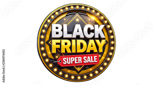 Black Friday super sale circular badge decorated with glowing marquee lights isolated on transparent backdrop.
