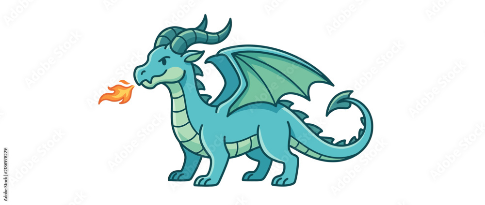 Obraz premium Cute Cartoon Dragon Breathing Fire Isolated