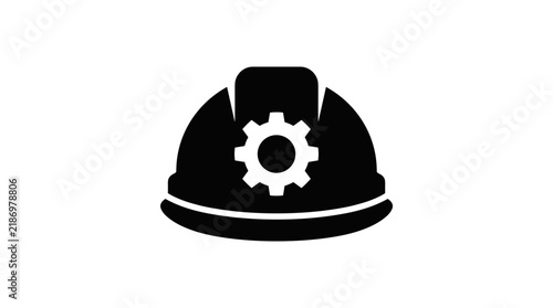 Industrial hard hat icon with gear symbol, black construction safety helmet vector for engineering and labor, protective headwear silhouette for building site and manufacturing work isolated on