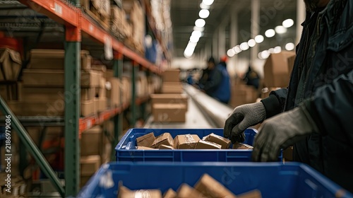 Warehouse worker sorting packages on a conveyor belt with shelves of boxes.