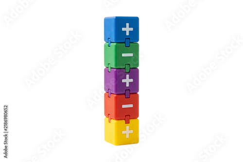 Foto Colorful stacking math blocks with plus and minus symbols used for primary education learning