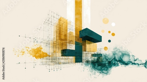 Abstract Architectural Design with Geometric Shapes and Watercolor Elements.