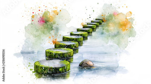 A watercolor painting of moss-covered stepping stones crossing a calm body of water, surrounded by colorful splashes of paint.