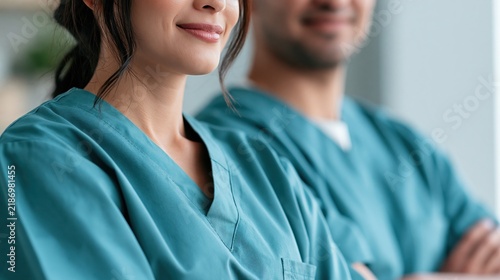 Two healthcare workers in teal scrubs standing side by side with arms crossed