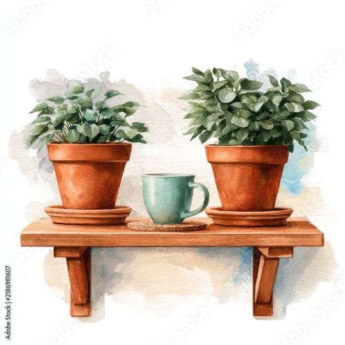 Two Potted Plants and a Coffee Mug on a Wooden Shelf.