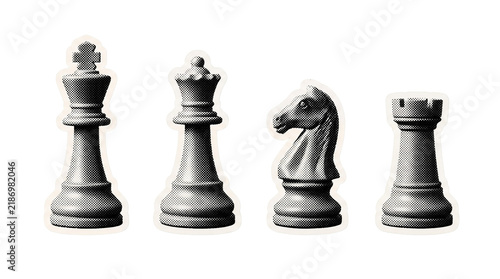 chess piece retro halftone set , clean white border outline PNG