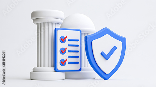3D illustration of a classical government building, a checklist with checkmarks, and a shield with a checkmark symbolizing security and compliance.