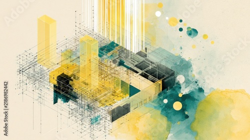 Abstract Architectural Design with Geometric Shapes and Watercolor Splashes.