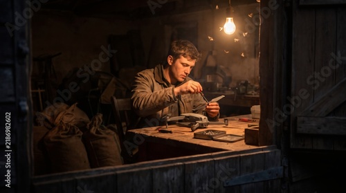 Focused young farmer repairing agricultural drone in rustic workshop under warm light bulb