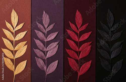 Four Autumn Leaves in Different Colors on Contrasting Backgrounds.