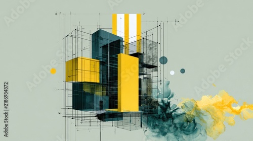 Abstract Architectural Design with Geometric Shapes and Yellow Accents.