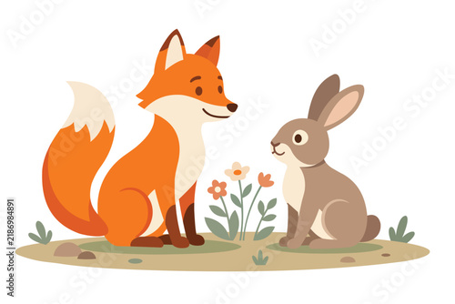 Cute Fox And Brown Rabbit With Flowers