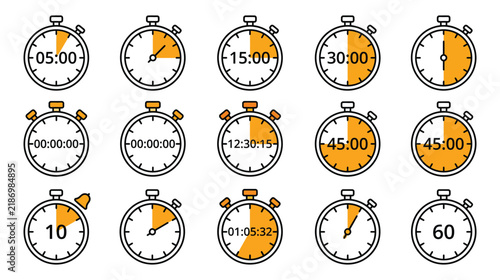 Naklejka Collection of various stopwatch displays showing different time intervals and durations
