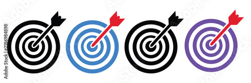 Naklejka Four colorful target boards each hit with a red arrow representing success