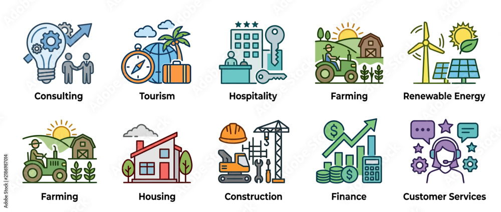 Fototapeta premium Set of diverse industry icons on transparent background