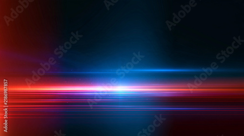Abstract red and blue horizontal light streaks on dark background. Ideal for modern technology presentations or high-speed motion graphic concepts.