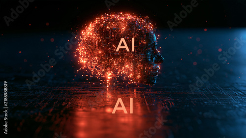 A glowing digital human head silhouette formed by circuit particles against a dark background. Perfect for artificial intelligence and advanced technology themes.