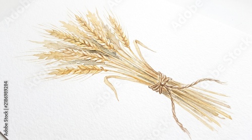 Watercolor wheat sheaf illustration, golden grain stalks tied with twine, hand painted botanical art on white textured paper background
