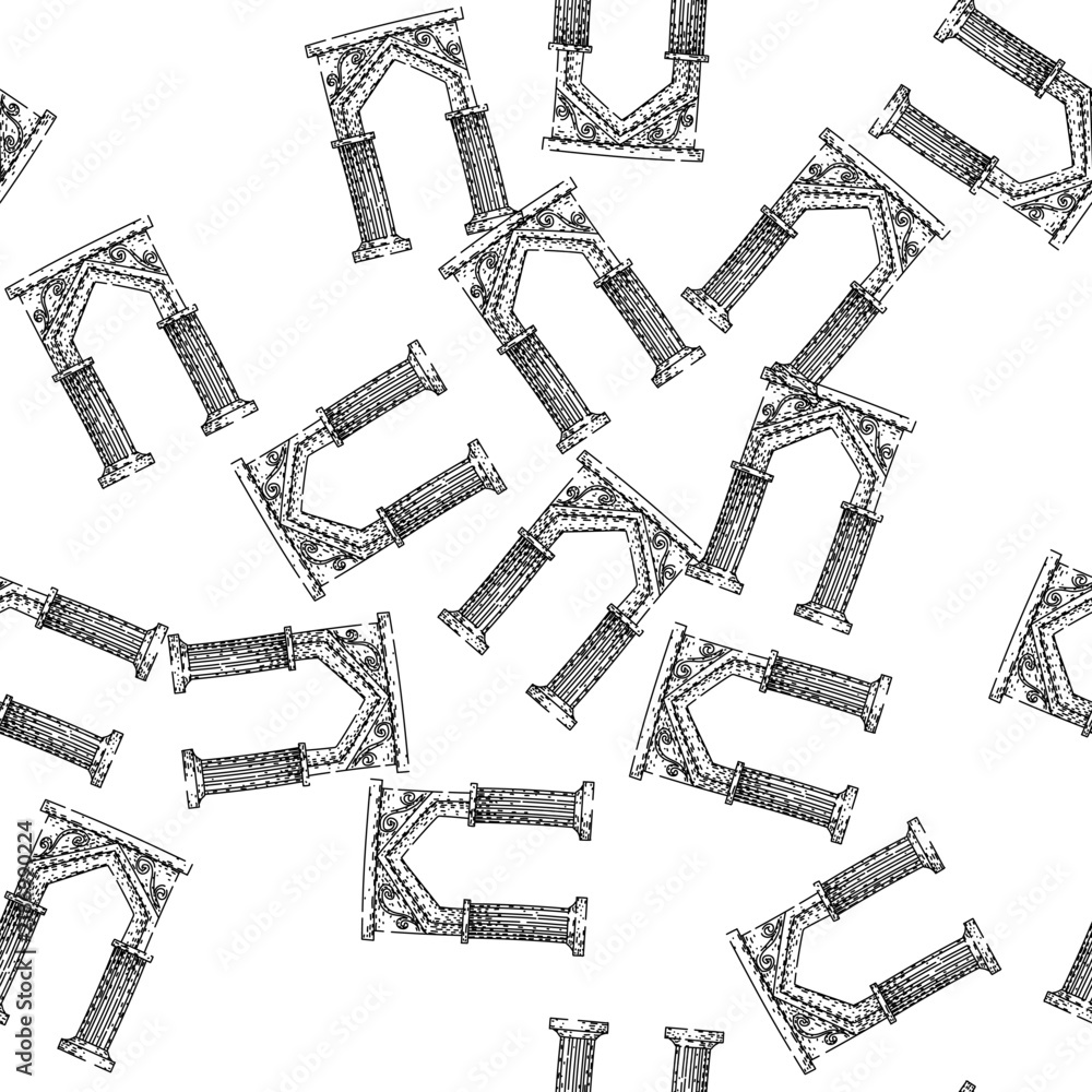 Obraz premium seamless pattern Ancient architectural archway with classical columns and decorative details, hand drawn sketch style with rough textures on a white background, ideal as a vintage gateway concept