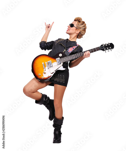Woman musician playing electric guitar.