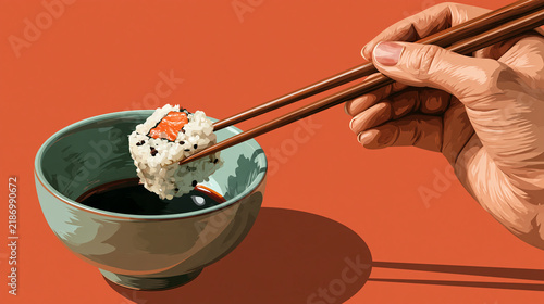 Hand using chopsticks to dip a piece of salmon sushi into soy sauce on an orange background. Ideal for culinary marketing and food industry concepts.
