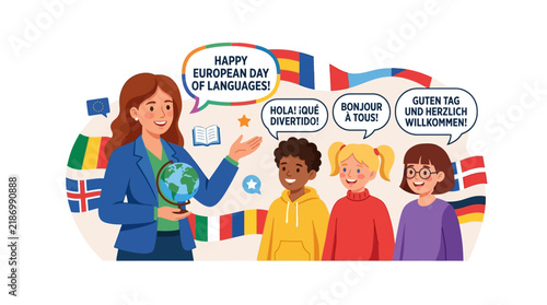Fotografie Multilingual Education Concept with Diverse Students and Flags