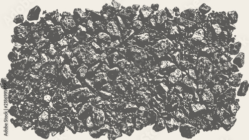 Grunge vector texture of coal heap and mineral stones. High-contrast graphic illustration of gravel, ore pile, and rough rocks isolated on a light background. Flat vector illustration EPS 10.