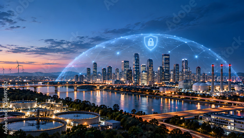 Tapety artystyczne Smart City Infrastructure Protected by Cybersecurity Network