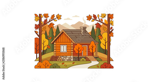 Log cabin framed by colorful autumn trees.