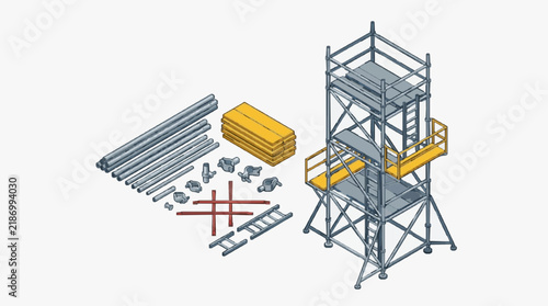 Modern Aluminum Scaffolding System with Components Poles Planks and Safety Rails in Gray Yellow and Red