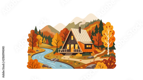 Log cabin near stream with autumn mountain backdrop
