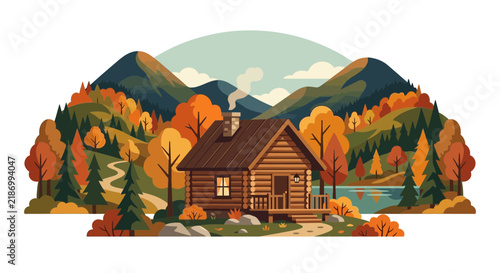 Log cabin overlooking autumn mountain lake landscape.