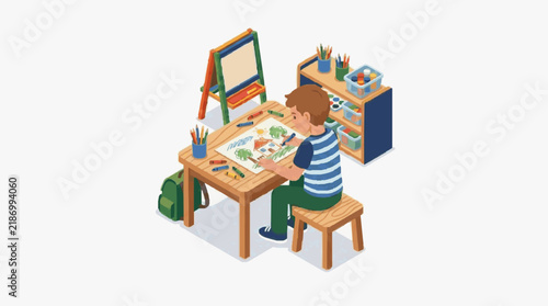 Modern Child Drawing at Colorful Art Table with Creative Supplies and Easel with high quality professional line art symbols for modern creative design and digital branding projects
