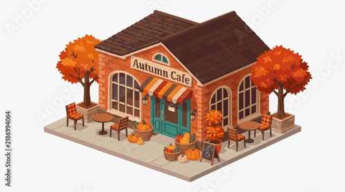 Modern Autumn Themed Caf with Isometric Featuring Warm Colors Pumpkins Tables and Seasonal Decor