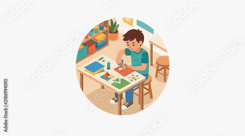 Modern Child Engaged in Colorful Educational Geometry Activity at Wooden Desk with Learning Materials