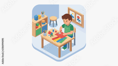 Modern Child Engaged in Creative Craft Activity at Colorful Learning Table with Art Supplies with high quality professional line art symbols for modern creative design and digital branding projects