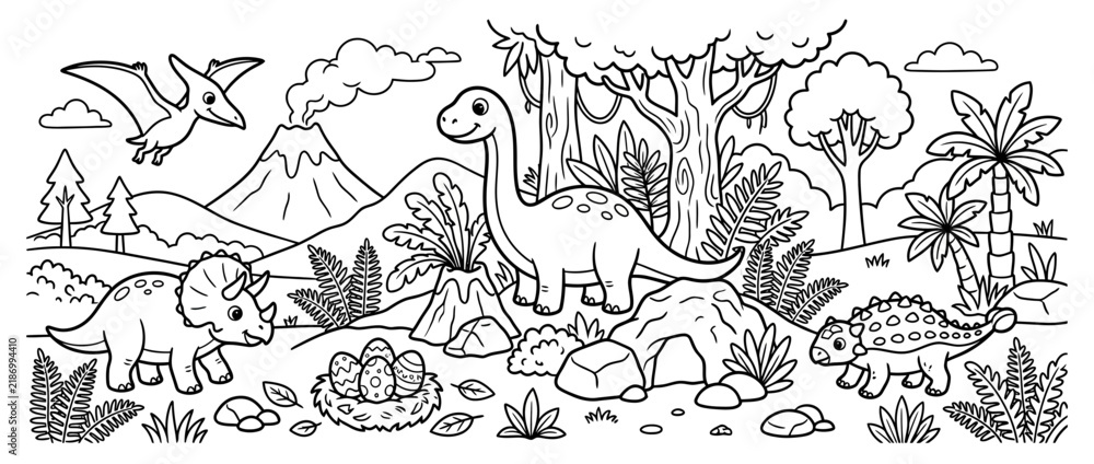 Obraz premium Cute Cartoon Dinosaurs Roaming Prehistoric Landscape